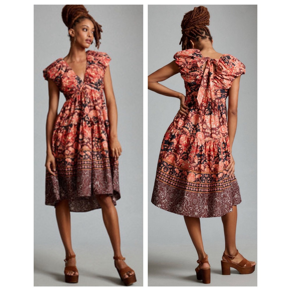 By Anthropologie Printed V-Neck Babydoll Dress Women 10P Red Orange Floral Boho